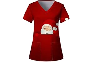 thuthu Weihnachten Kasacks Damen Pflege Bunt Motiv Kittel Damen Berufskleidung Kurzarm V-Ausschnitt Krankenschwester Kostüm Mit Taschen Laborkittel Berufsbekleidung Damen - Kasack - Tunika