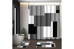 Tayney Grey Geometric Shower Curtain Set with Toilet Lid Cover and Non-Slip Rugs for Bathroom, Black White Checkered 4 Pcs Shower Curtain, Modern Abstract Bathroom Set with 12 Hooks