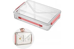 Marte Vanci Plastic Storage Box with Lid, Clear A4 File Box Portable Project Case with Handle Transparent Organiser for Photo Craft Storage Document Letter Paper Scrapbook Stationery Magazine Red