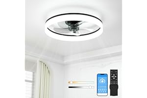 NIORSUN 50CM LED Ceiling Fan with Lights and Remote, Dimmable Low Profile Ceiling Fans, Flush Mount Ceiling Fan, Stepless Color Temperature Change and 6 Speeds（Black）