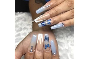 Luvadeyo - 24 unghie finte molto lunghe, squadrate, da donna, in acrilico, con farfalle e strass, colore: blu