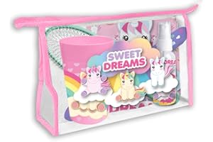KIDS LICENSING Einhörner Reiseset 6-teilig mit Kulturbeutel, Haarbürste, Zanhputzbecher, Zanhbürstenetui, Sprühflasche und Waschlappen, Sweet Dreams, KL82677