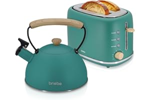 briebe Nordic Ensemble Grille Pain 2 Fentes Tranches Larges, 6 Niveaux de Dorage + Bouilloire Induction Sifflante 2,3L, Acier Inoxydable, sans BPA, Pack Petit Déjeuner, Design Nordique, Vert