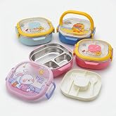 Deconox 700 ml Paslanmaz &Ccedil;elik Yemek Kabı, 3 B&ouml;lmeli Kilitli Lunch Box, &Ccedil;atal Kaşık Dahil Renkli Desenli Saklama ve Taşıma Ka
