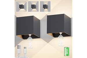 Aipsun 2 sztuki 5500mAh Lampa ścienna z czujnikiem ruchu, akumulator LED kinkietowy,5W,regulowane górne i dolne wiązki światła,3000K,wnętrze(antracyt)