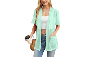PrinStory Cardigans for Women Lightweight Short Sleeve Ladies Summer Cardigans with Pocket Causal Open Front V Neck Outerwear