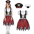 Aomig Girls Pirate Costume, 3 Pcs Pirate Role Play Dress Up Set with Pirate Hat & Pirate Eye Patch, Pirate Outfit for Kids, Pirate Princess Deluxe Dress for Pirate Themed Birthday Party Holloween