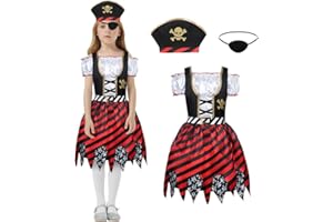 Aomig Kostium pirata dla dziewcząt, zestaw 3 szt., z czapką i naszywką na oko, sukienka księżniczki piratów na imprezę tematyczną dla dzieci