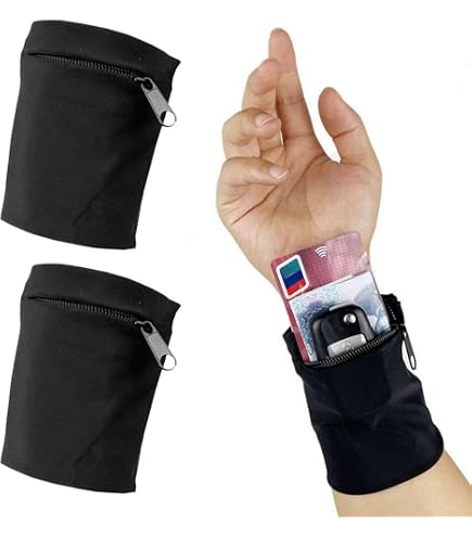 2 Pezzi Borsa da Polso con Cerniera, Portafoglio da Polso, Sportivi Braccialetti Portafoglio, Pochette da Polso, Polsini Sportivi con Tasca, per Yoga, Corsa, Escursionismo, Tennis, Bicicletta (Nero