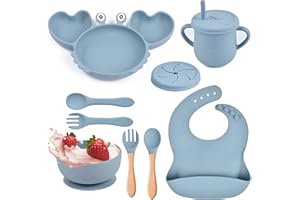 BIZCASA Toddler Feeding Set, Silicone Baby Weaning Set with Suction Plate & Bowl, Straw Sippy Cup or Snack Cup, Adjustable Bib, Folk & Spoon Easy Wipe Clean Feeding Sets (Blue Y22)