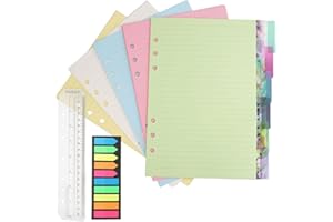 RAIRSKY Set di Ricariche A5 per Raccoglitori Ad Anelli - Fogli con 6 Fori, 50 Pagine a Puntini, 6 Divisori, 200 Segnapagina Adesivi, Righello 20cm