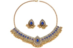 IMINI Ensemble De Bijoux De Mariage Indien Traditionnel Bohème Pour Femmes Et Filles Argent Antique Oxydé Collier Boucles d'Oreilles Pompon Bollywood Ras Du Cou Punk Cristal Cadeau Tendance