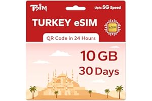 TSIM eSIM prepagata Turchia per viaggi | 30 giorni 10GB 5G Velocità | Hotspot consentito | Codice QR eSIM inviato via e-mail entro 24 ore dalla spedizione | Scansiona il codice QR e utilizza