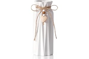UoYeet 21CM Ceramic Vase with Geometric Pattern, Decorative White Vase with Jute Rope & Heart Charm for Flowers and Pampas Grass, Home Décor, Table Centerpieces,