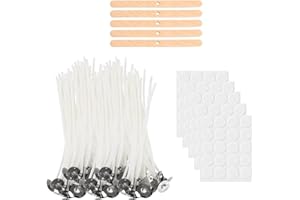 Wangzhenxi Conjunto de 205 Mechas Sin Humo y Natural (10 cm) + 100 Placas Adhesivas + 5 Pinzas - Mecha para Velas Gruesas/Medias