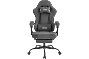 WOTSTA Gaming Chair for Adults, Ergonomic Gaming Chair with Footrest, Lumbar Support and Headrest, Adjustable Height computer chairs gaming, fabric gamer chair for Home Office, Grey