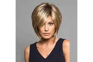 AIYLMZ Pelucas cortas y esponjosas de color marrón natural con parte lateral, pelucas rubias cortas y rectas para mujeres, cabello de capa corta, cabello natural (Rubio Degradado)