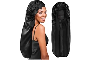 ‎BONNET QUEEN BONNET QUEEN Lange Satin Zopfhaube, Seidenhaube zum Schlafen Lange Haare mit Verstellbare Bindeband, Schlafhaube Seide für Locken & Zöpfe, Schlafmütze Damen, Schwarz