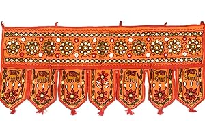 original kikan Tapiz de algodón hecho a mano con diseño de elefante naranja para colgar en la pared, decoración étnica Toran Indian Window Valance (37 x 14 pulgadas)