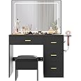YITAHOME Dressing Table & stool set,Vanity Desk w/ 3-Color Lighting Modes LED Lights Mirror,Lights Brightness Adjustable,Vanity Table with 4 Drawers,Power Outlet,Black Makeup Desk for Bedroom
