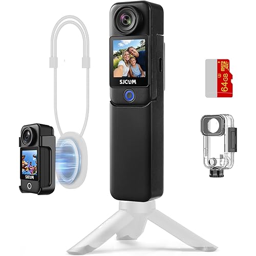 SJCAM C300 4K Pocket Action Camera,7Hour Power, 6-Axis Stabilizer, Dual-Touch Screen Body Camera, Waterproof, Suitable for Vlogging and Live Streaming, with Helmet Mount Kits, Black (64GB SD Card)