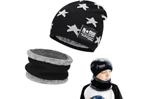 Amebleak Kinder Wintermütze und Schal Set, Winter Warm Beanie Mütze, Unisex Strickmütze mit Fleecefutter Mütze Schal, Wolle Strickmütze und Loop Schal für 6-14 Jahre Alt Jungen Mädchen