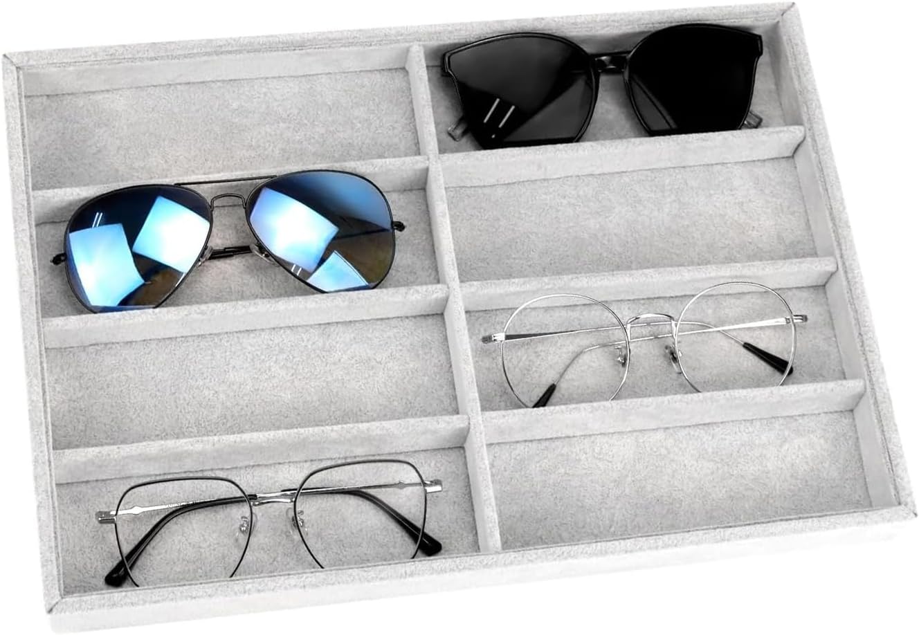 Lansls Organizador De Gafas 8 Rejillas, Bandeja De Exhibición En Terciopelo, Caja Apilable y Versátil Para Gafas De Sol, Relojes y Joyas, Ideal Para Hombres y Mujeres (Gris)