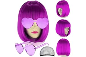 DAJOOEE Party Wigs Wig Cap and Sunglass Set,Short Bob Hair Wigs Straight with Flat Bangs Synthetic Colorful Cosplay Daily Party Neon Wig for Women (Purple)