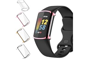 Vozehui 4 Pack Screen Protector Compatible with Fitbit Charge 6/5, TPU Full Coverage Plated Watch Protective Cover Bumper Shell Cover, Pink+Gold+Silver+Transparent