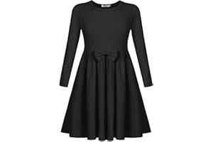 Arshiner Fille Robes Casual Longues Manches Loisirs Enfants Hiver Automne Robe A-Line Coton Basic Col Rond Robe avec Noeud Papillon pour Filles