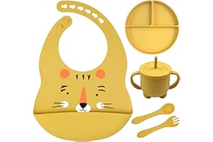 LAUTOKI - Vajilla bebe. Set 6 pcs, Vajilla bebe silicona, Vaso aprendizaje bebe, Vajilla infantil, Libre de BPA, Cuchara bebe aprendizaje, Plato bebe ventosa, Cubiertos bebe, Babero silicona bebe, BLW