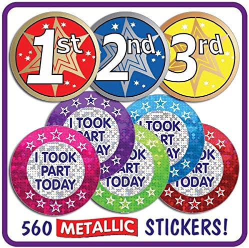 560 Mixed Metallic Shiny 1st 2nd 3rd I Took Part Today Sports Day Motivational Childrens Pupils Teachers School Praise Reward Stickers Value Pack 37mm Primary Teaching Services