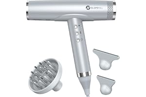 Slopehill Sèche-cheveux ionique à moteur sans balais 110000rpm, Diagnostic de panne intelligent, Technologie Oxy Active, 3 pièces jointes magnétiques pour salon, maison（Argent）