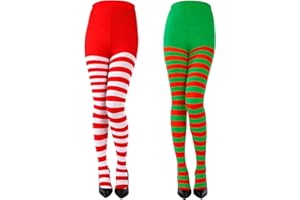 Ntwdby 2 Pares Medias de Rayas Rojas Verdes Blanco, Disfraz Leotardos Rayas Mujer Navidad, Medias de Elfo para Mujer, Accesorios para Disfraz de Mascarada, Navidad, Carnaval