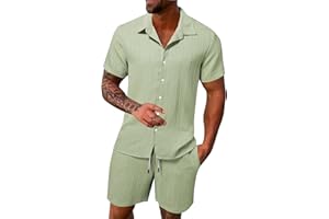 DFEK Mens Cotton Linen Shirt and Shorts Sets UK Tracksuit Set Summer Co Ord Set Short Sleeve Button Down Shirts & Shorts with Pockets 2 Piece Outfits Vacation Beach Suits