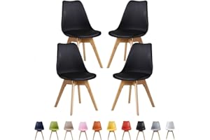 LIFE INTERIORS Single Set of 2/4/6 Retro Modern Dining Chairs – Lorenzo Plastic Chairs with Cushioned Pad Seat & Solid Beech Wooden Legs - Side Chair for Living Room Kitchen Office Lounge (Black, Pack of 4)