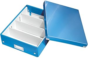 ‎LEITZ Leitz Click & Store Aufbewahrungsbox mit Deckel Mittel-Groß, Box mit Trennwänden für Zubehör im Büro oder Utensilien im Haushalt, Transportbox aus 85 % recycelter Premium-Hartpappe, Blau, 60580036