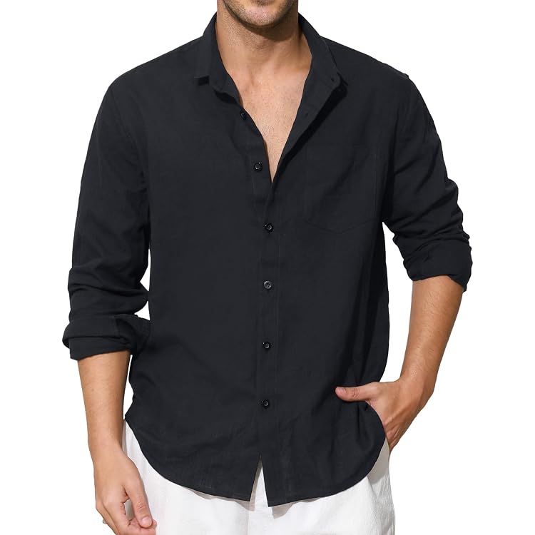 Chemise Homme APOONABA - Lin & Coton - Manches Longues - Couleur Unie - Business/Casual