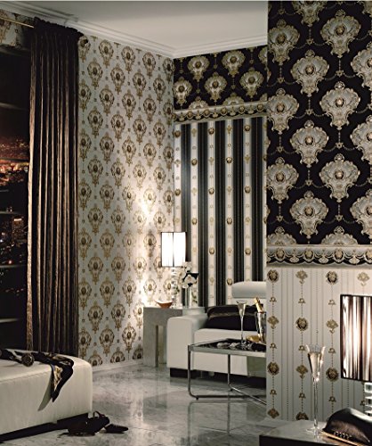 Satintapete Barock Medusa Kopf Ornament Tapete Hermitage Glanz weiß gold 6553-63 - 3