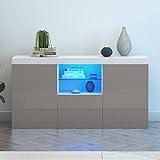 Panana Modern Hight Gloss Front Livingroom Cabinet with 3 Door, RBG LED Cupboard Sideboard Display Storage TV Unit Stand (Grey)