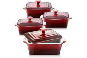 LOVECASA Ceramic Mini Cocottas with Lids, 10 OZ / 310ml Souffle Dishes for Creme Brulee, Ice Cream and Souffle, Rectangle, Rust red Gradient, Set of 4