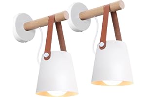 iDEGU Lot de 2 Applique Murale Intérieur Vintage Lampe Murale Moderne E27 Luminaire Abat-jour en Métal avec Support en Bois Suspension Applique pour Chambre Salon Couloir (Blanc Mat)