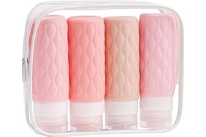YoHyien 4 Pièces Flacons de Voyage en Silicone, Contenant Voyage 100ml avec Trousse de Toilette, Recipient Avion Cabine sans BPA, Kit Voyage Produit Toilette pour Cosmétique, Shampoing (Rose)