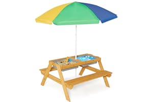 GENERIC INFANS Kids Picnic Table, 4 in 1 Outdoor Toddler Wooden Sand and Water Table w/Foldable Height Adjustable Umbrella Detachable Tabletop 2 Removable Play Boxes for Backyard Garden Lawn