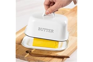 Vintage Gourmet® White Traditional Enamel Steel Butter / Cheese Dish with Covered Lid & Handle 18cm W x 12cm H x 11cm D Retro Unbreakable Farmhouse Kitchen Decor Dinnerware Serveware Retro Nostalgia