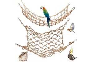 CQJ 2 Packs Natural Bird Rope Net Parrot Swing Hammock for Birds Parrot Ladder Macaw Hanging Hammock Activity Toy for Rats Parakeet Cockatiel Cockatoo Conure African Grey Budgie (L 20 * 16inch)