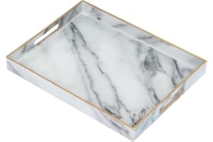 YMAHIZAX Serving Tray, Marble Plastic Food Trays for Eating on Lap Decor Coffee Tray with Handles Rectangular Non-slip Candle Plate, 48x35x4 cm Large Drinks Platter for Kitchen/Living Room/Bedroom/Party