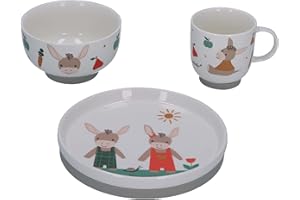 Sterntaler Baby Unisex Kindergeschirr Set Porzellan-Geschirr-Set 3-teilig Esel - Frühstücksset, Babygeschirr, Kinderteller - weiß