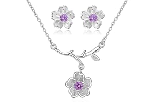Uloveido Pink Purple Cherry Flower Necklace and Earrings Set for Girls Women, Platinum Plated Wedding Jewellery Set for Women Birthday Gift DT340