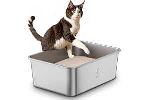 ICOYEA Arenero Gato Acero Inoxidable, Caja de Arena Grande para Gatos, Gatitos y Conejos, Arenero Alto XXL para Gatos, Antiadherente, sin olores y fácil de Limpiar, 50 x 35 x 20cm